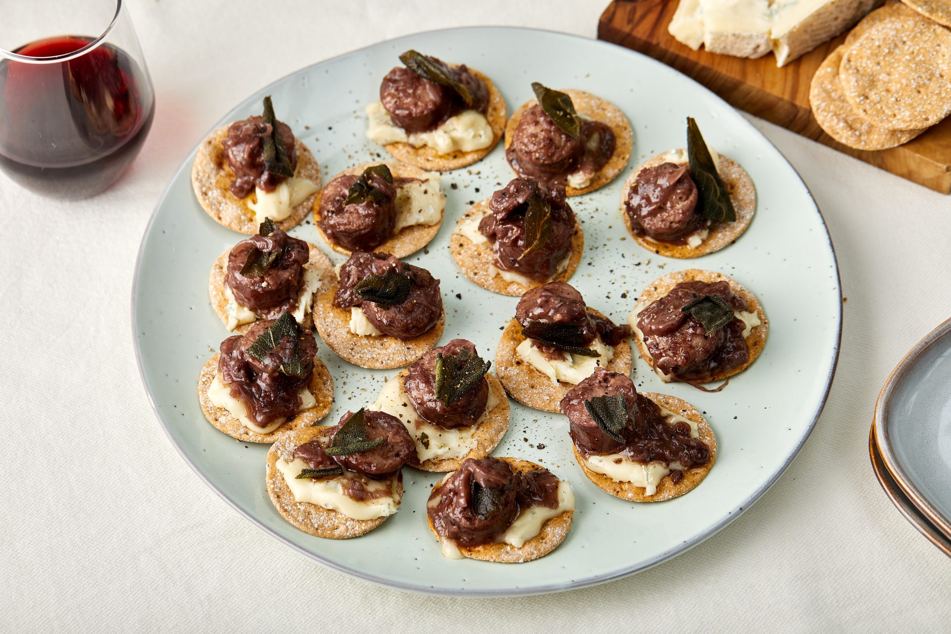 Sausage Canape with Peter's Yard Original Sourdough Crackers by Claire Thomson