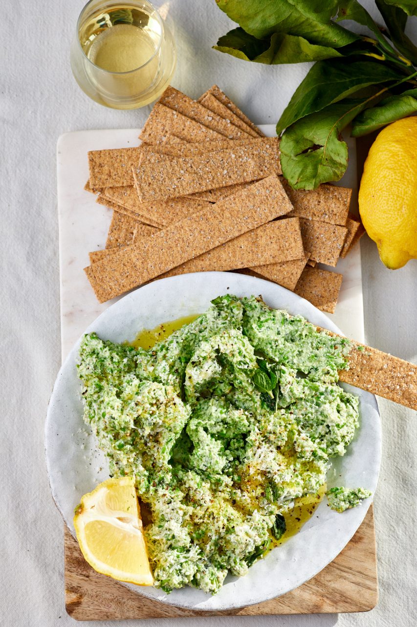 Pea and ricotta smash with Peter's Yard Sourdough Flatbreads Vertical Photo